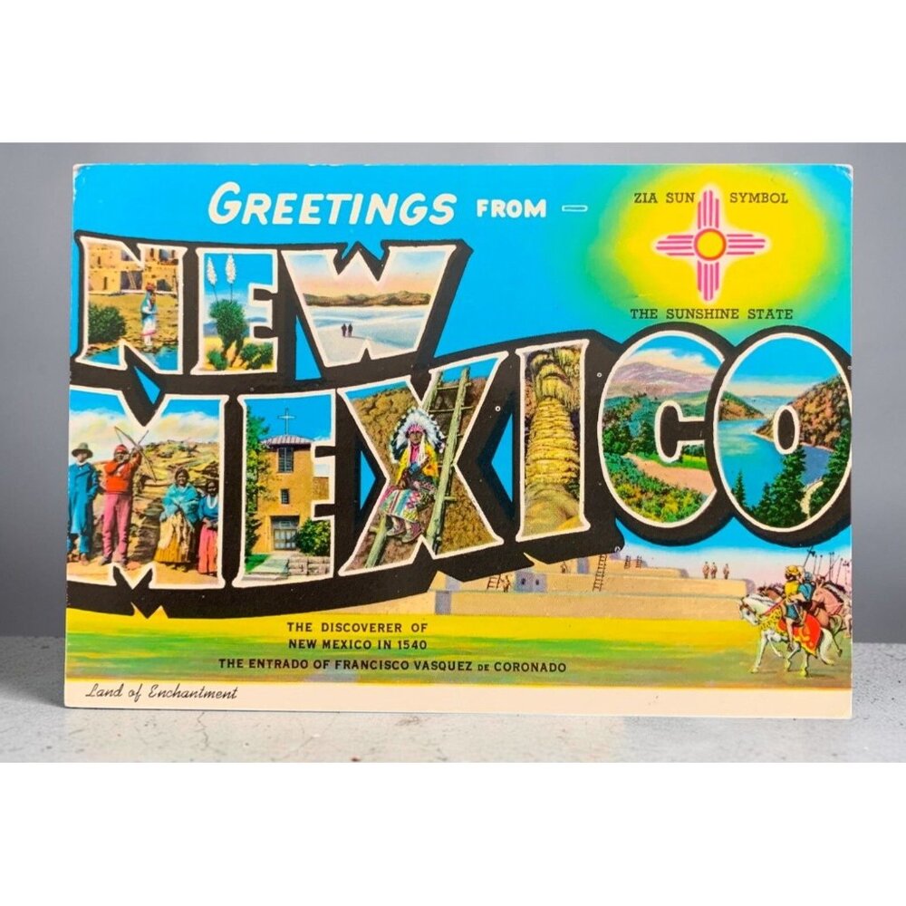 Vintage Postcard Greetings from New Mexico Zia Sun Symbol Iconic Scenes